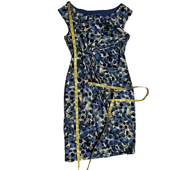 Dressbarn Signature Sadie Dress 8 Blue Purple Circle Sleeveless Ruched Stretch - Picture 2 of 7